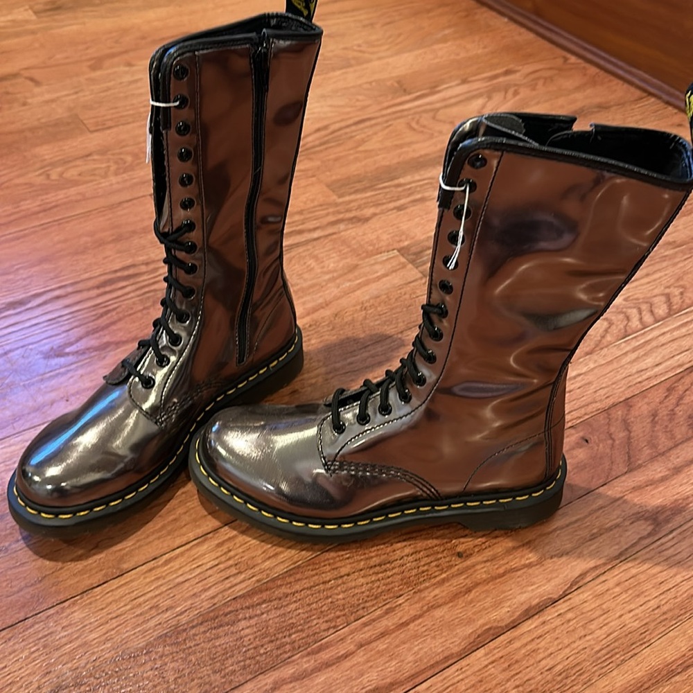 Dr. Martens brand new chrome metallic calf length boots… brownish, silverish